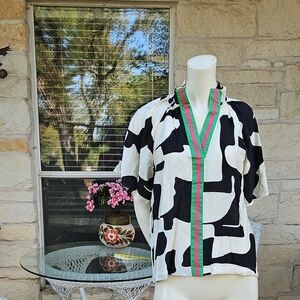 Deana THML Geo Print Black White Pink Green Rayon Blouse - Small